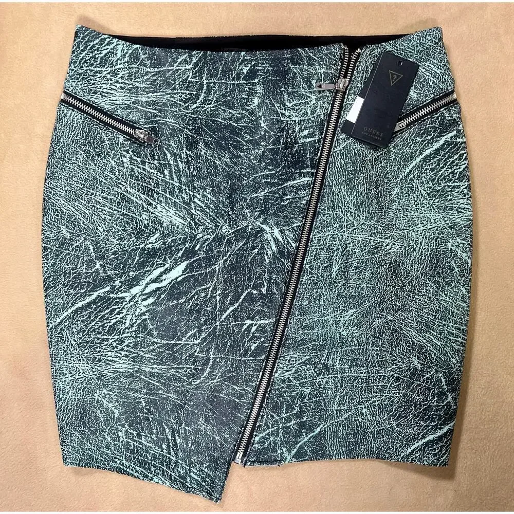 Y2K Guess Mini Skirt Grunge‎ Asymmetrical Green Black Zippered Womens Medium NWT